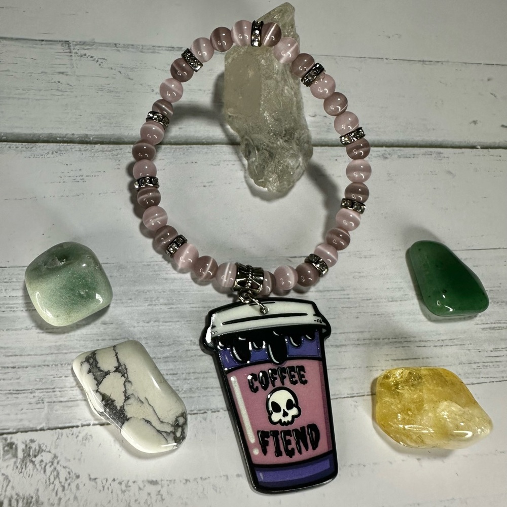 Light Pink & Purple Cat Eye Gemstone Beaded Bracelet with Coffee Fiend Charm